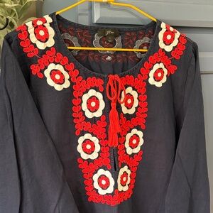 J. Crew Navy Beach Tunic with Red and White Floral Embroidery